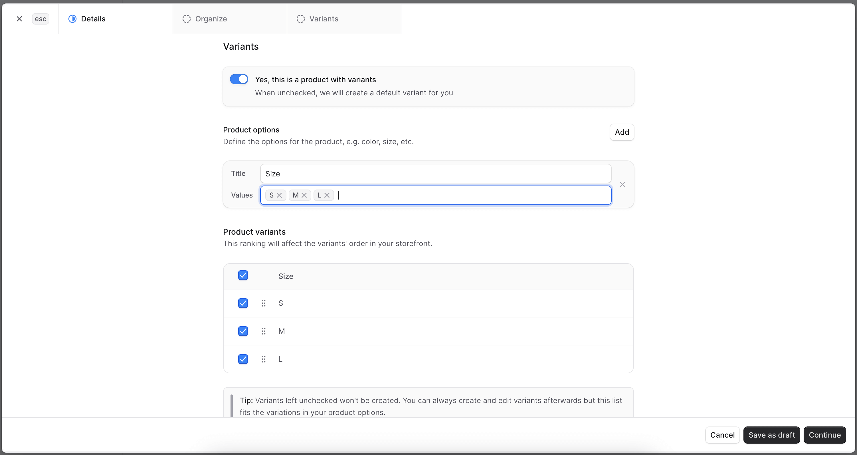 Fill in product variants