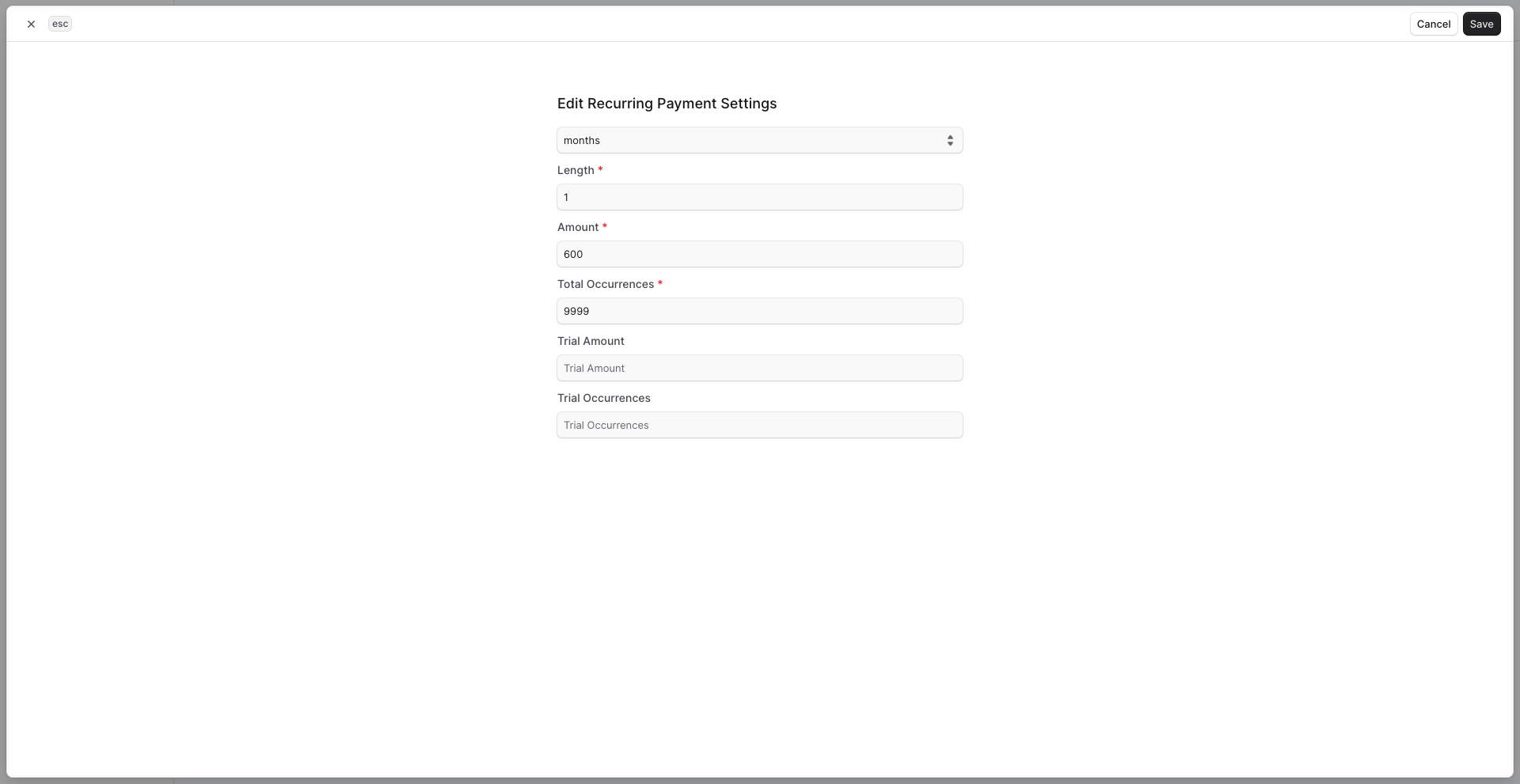 Fill options for recurring payments in Variant metadata