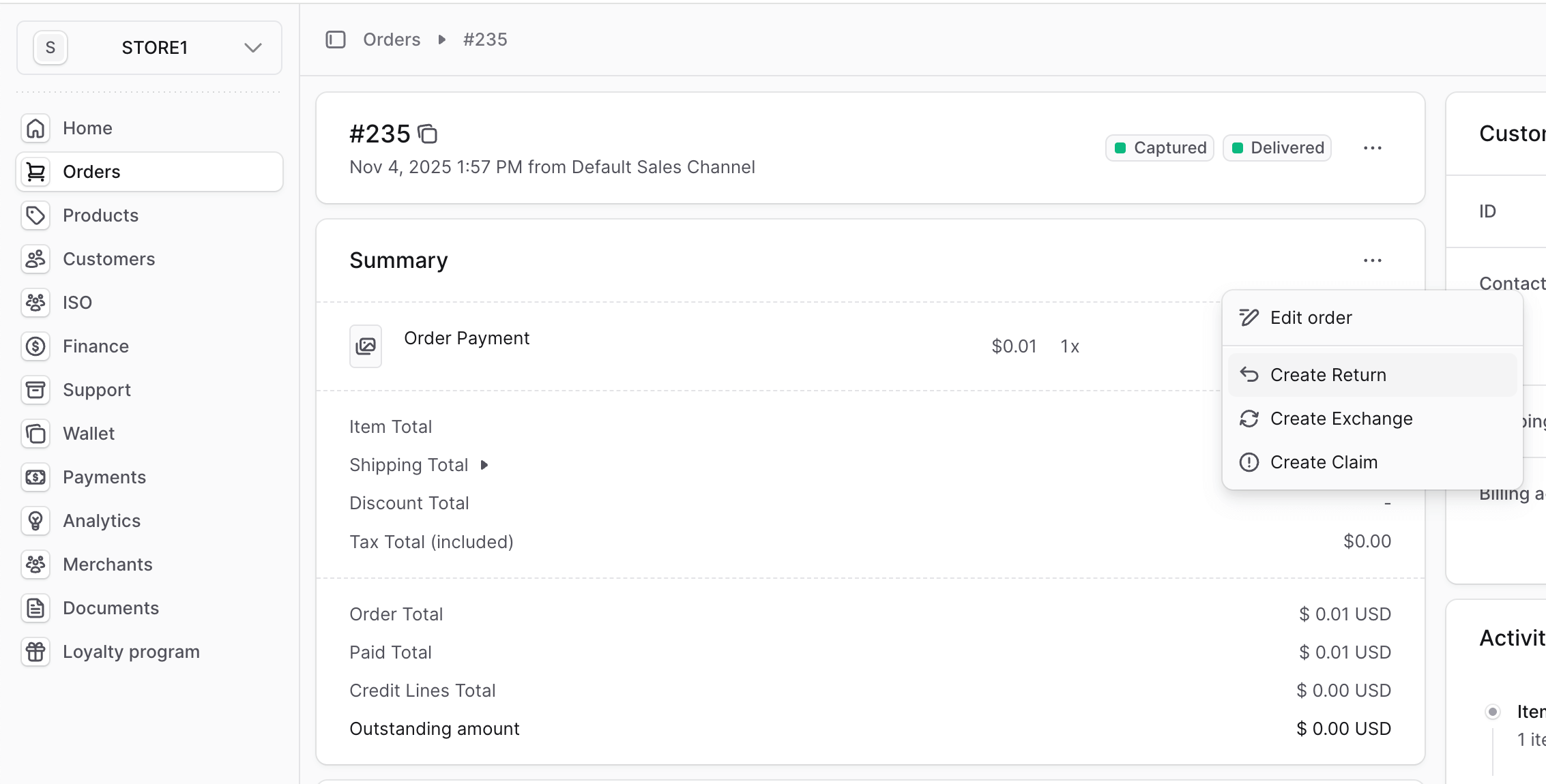 Order details screen