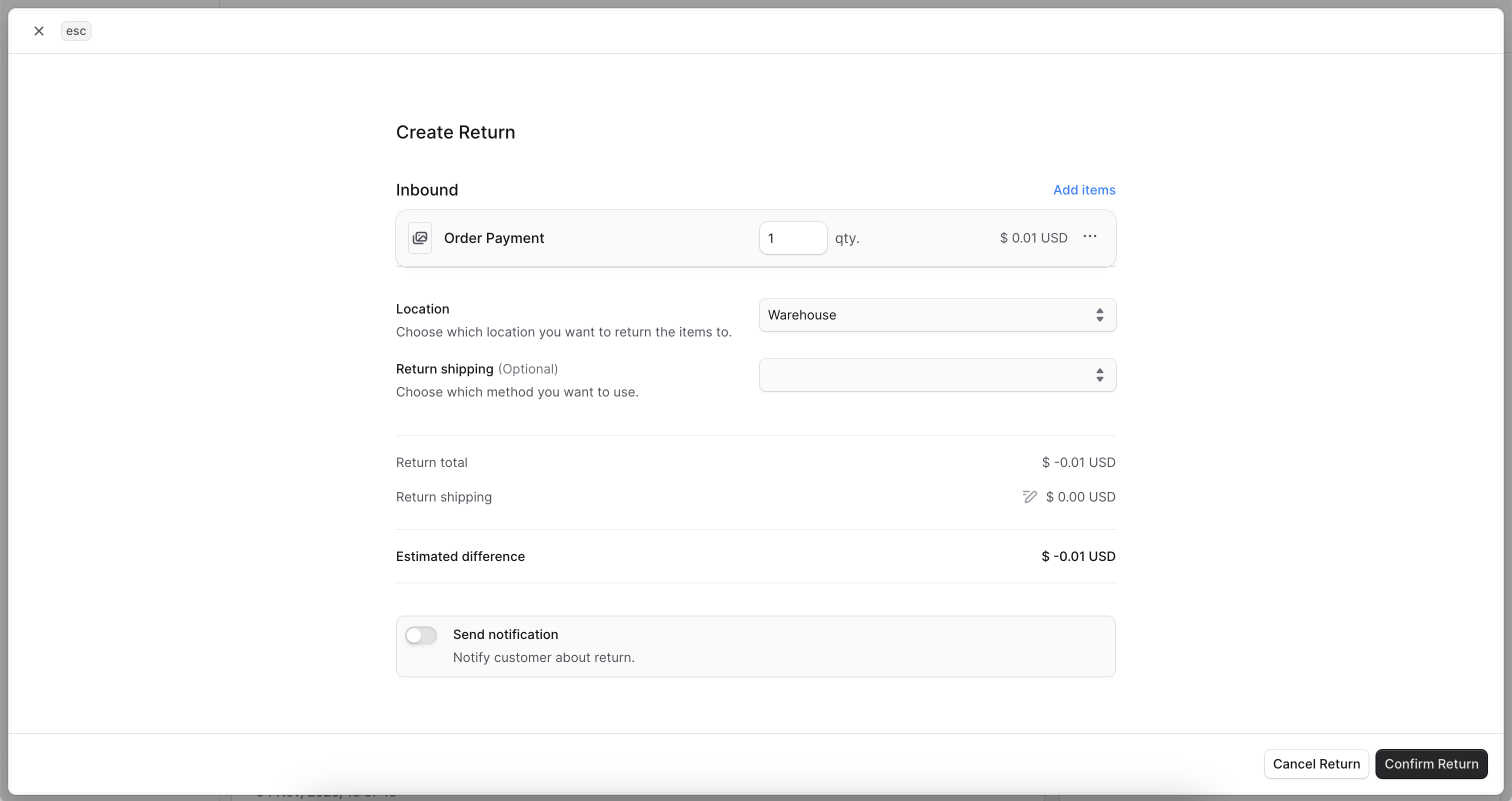 Create Return modal