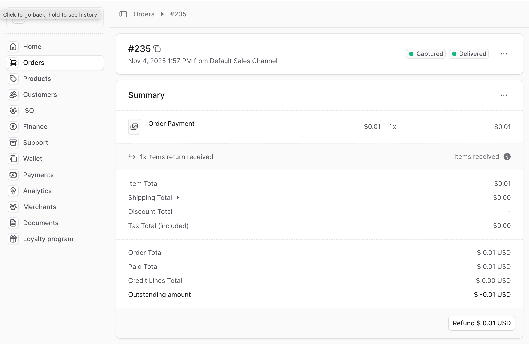 Order details - Refund button