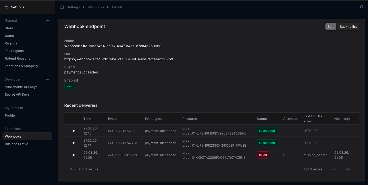 Webhook detail and deliveries